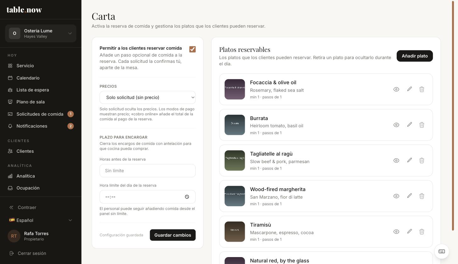 Configuración de carta y pedidos anticipados de comida con modos de precio.